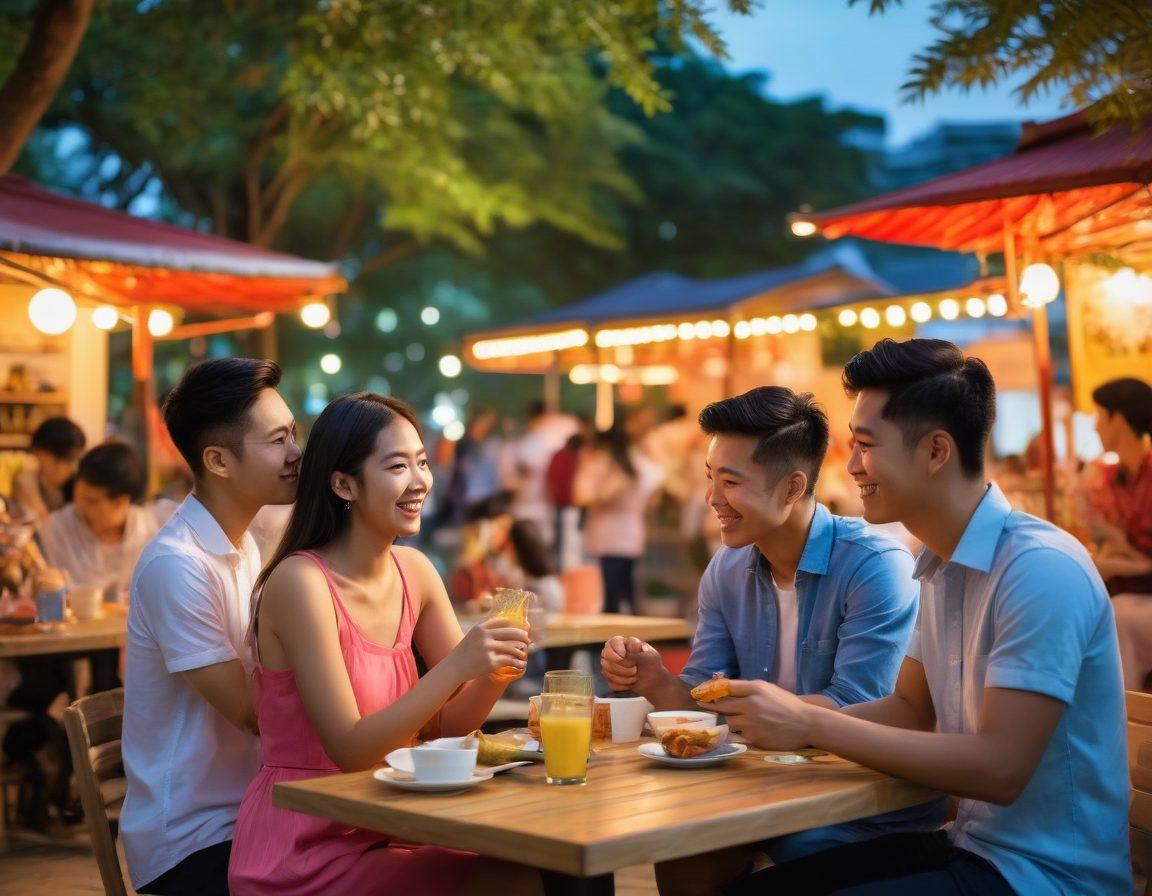 A vibrant scene depicting a diverse group of young Singaporeans in a picturesque park, engaging in various dating activities. Include elements like traditional and modern aspects of Singaporean culture, such as street food stalls and contemporary buildings in the background. Showcase emotions of joy and connection through playful interactions and laughter among couples. Use bright, lively colors to represent the dynamic dating atmosphere. realistic. vibrant colors. cityscape background.
