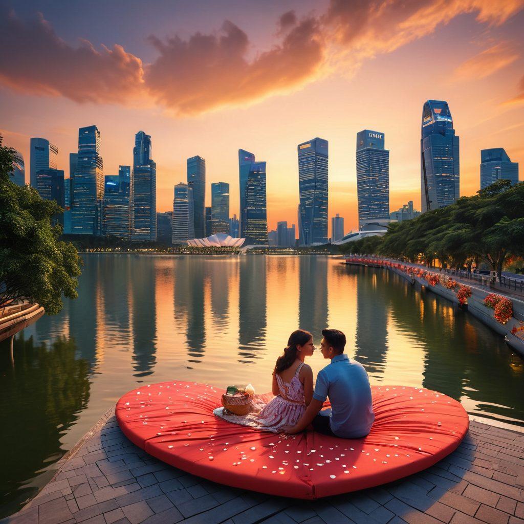 A romantic scene depicting a couple enjoying a picturesque sunset at Marina Bay, Singapore, surrounded by iconic city skyline and lush greenery. Subtle details like a picnic setup, heart-shaped decorations, and cultural symbols of Singapore to represent dating culture. Emphasize emotions of connection and warmth, with vibrant colors illuminating the skyline. super-realistic. vibrant colors. 3D.