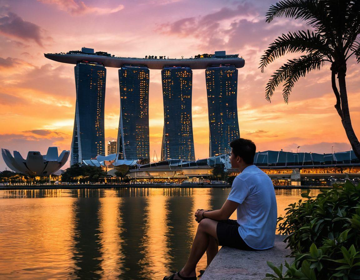 A romantic scene set in a bustling Singapore landscape at sunset, showcasing a couple sharing a moment of compassion and trust under a glowing city sky. Incorporate iconic landmarks like Marina Bay Sands and lush greenery merging with vibrant city lights. Emphasize soft smiles, gentle gestures, and an atmosphere of intimacy and connection. super-realistic. vibrant colors. sunset background.